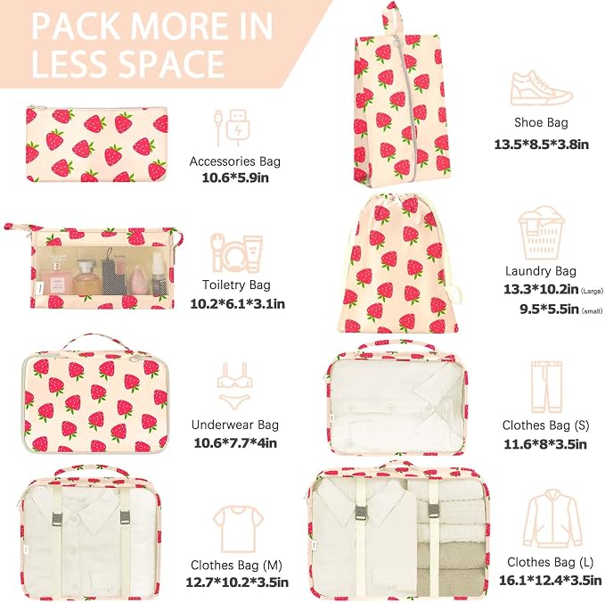 KPX 8 Set Packing Cubes for Travel, Luggage Packing Organizers Accessories Large Toiletries Bag for Clothes Shoes Cosmetics (Strawberry)