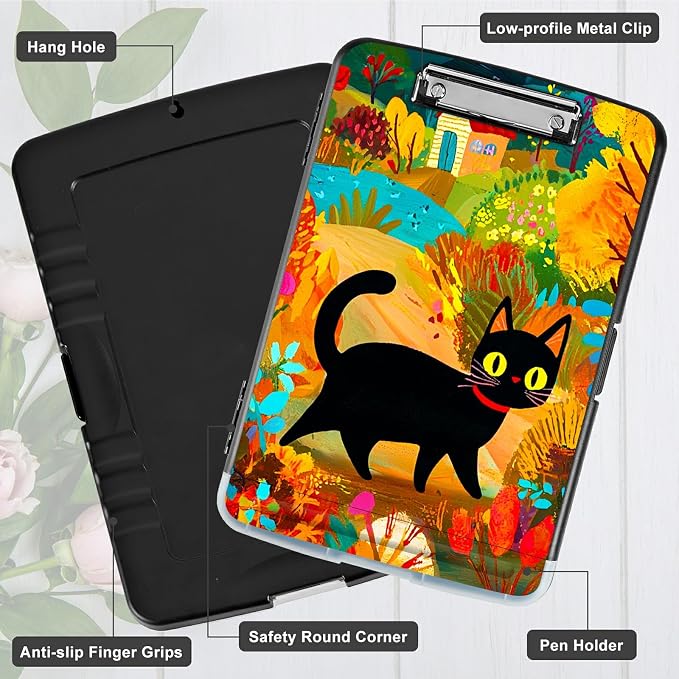 Black Cat in Autumn A4 Clipboard with Storage Pen Holder, Clipboards Organizer Nursing Clipboard Foldable File Folder Plastic Clipboard Folio Clip Board for Office Students Classroom Doctor