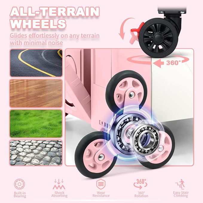 76L Folding Utility Cart Portable Rolling Crate Handcart Shopping Collapsible Tool Box with Stair Climbing Wheels,Hidden Lid,2 Rotate Wheels,for Grocery,Shopping,Office,Storage(Pink-White)