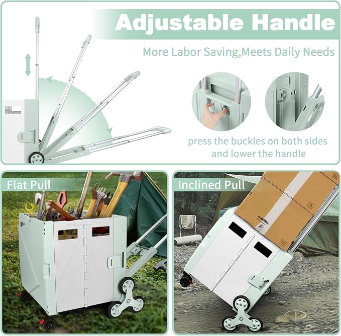 76L Folding Utility Cart Portable Rolling Crate Handcart Shopping Collapsible Tool Box with Stair Climbing Wheels,Hidden Lid,2 Rotate Wheels,for Grocery,Shopping,Office,Storage(Green White)