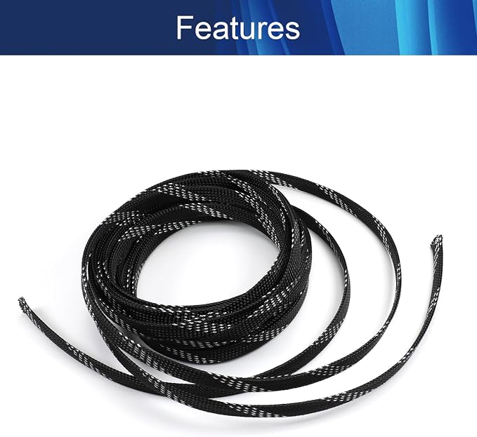 Jutagoss PET Expandable Braided Cable Sleeve, 16.4ft - 3/8 inch Black Silver Cable Management Sleeve, Wire Loom Tube Cord Protector for USB Cable, Power Cord, Audio Video and More, 1Pc