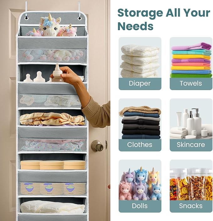 Ease of Assembly Over The Door Organizer,5 Shelves&8 Side Pockets | Anti-Tilt Hanging Door Storage for Closet Heavy-Duty Mesh Shelf for Bathroom, Closet, Toy Organization, Shoes, Towels, Grey