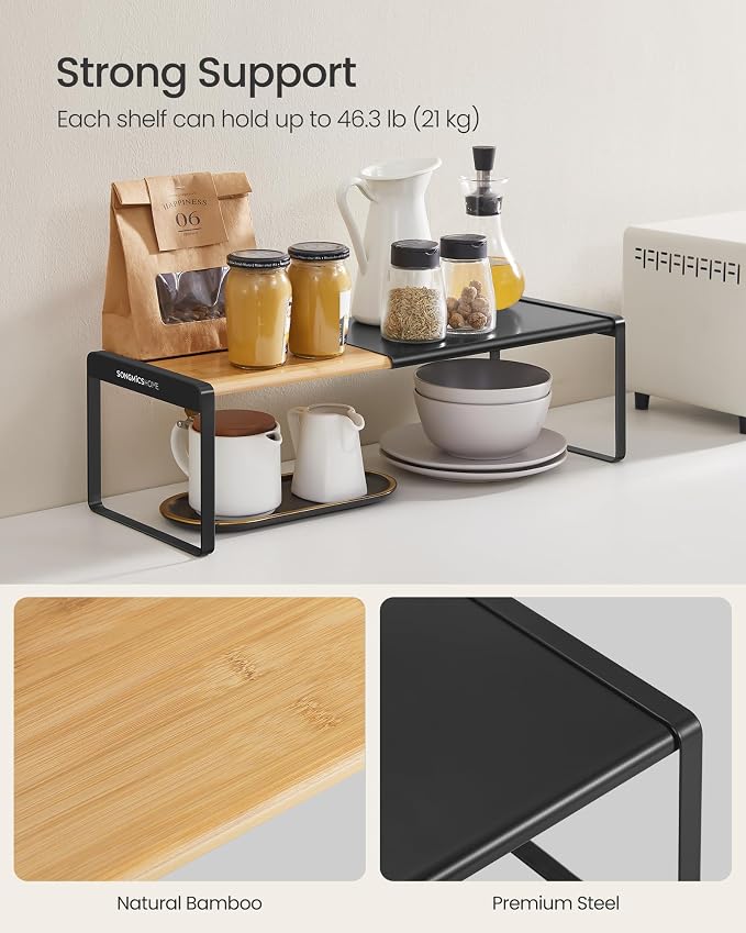 SONGMICS HOME Spice Rack, Expandable Cupboard Shelf Orgnizer,Bamboo | Kitchen Counter Shelves, Bamboo and Steel, Stackable, Ink Black, BYSTRO Collection UKCS051B01