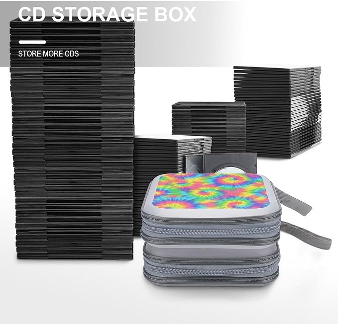Hard Plastic 40-Disc Storage Binder Rainbow Tie Dye, Protective CD/DVD Wallet with Zipper, Portable Organizer for Movies Music