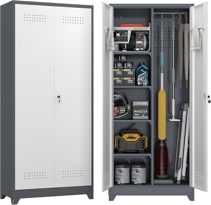 72.8" H Metal Garage Storage Cabinets with Doors and Shelves, Broom Closet Storage Cabinet, Tool Cabinets with Hanging Rod, Cleaning Storage Cabinets for Garage, Office, Laundry Room