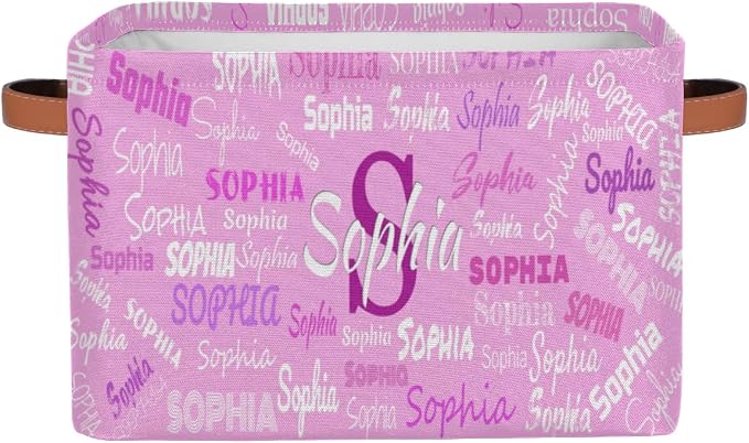 Personalized Kids Toy Box with Name, Custom Nursery Baskets Cubes Bins, Kids Custom Storage Basket Laundry Baskets Organizer with Handles, Pink Background