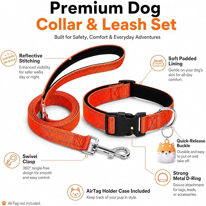Reflective Soft Neoprene Padded Matching Dog Collar with Leash Airtag Holder Case Set Safety Breathable Adjustable Nylon Dog Collars for X-Small Small Medium Large Dogs-Orange-M
