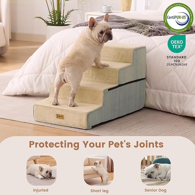 Gardner Pet Dog Stairs for Small Dogs 18.5" H, 4-Step Extra Wide Dog Steps for Bed, Pet Stairs for Bed and Couch with Durable Non-Slip Waterproof Fabric Cover and Soft Foam, Beige