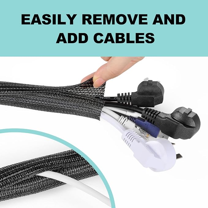AGPTEK Cable Sleeve, 6.6ft - 1.2 inch Cable Management Cord Hider, Black | Desk Cord Cover Organizer Wire Hider for Office Computer TV Wire Loom Tubing Pet-Proof Cord Protector from Cat Dog Chewing