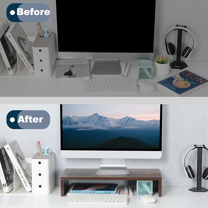 TEAMIX 20 inch Wood Monitor Stand Riser, Desktop Riser Shelf, Rustic Brown | Fits Laptop, Printer, TV, PC Tower, Full Keyboard Storage Underneath, Ergonomic, Desk Organizer for Home Office, Gaming Setup