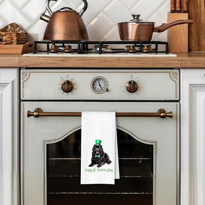 St. Patrick's Day Newfoundland Kitchen Towels, Newfoundland Dog Gifts Dish Tea Towel for Kitchen Decor, Irish Leprechaun Hat Dog Hand Towels for Bathroom Decor, 16x24 Inches