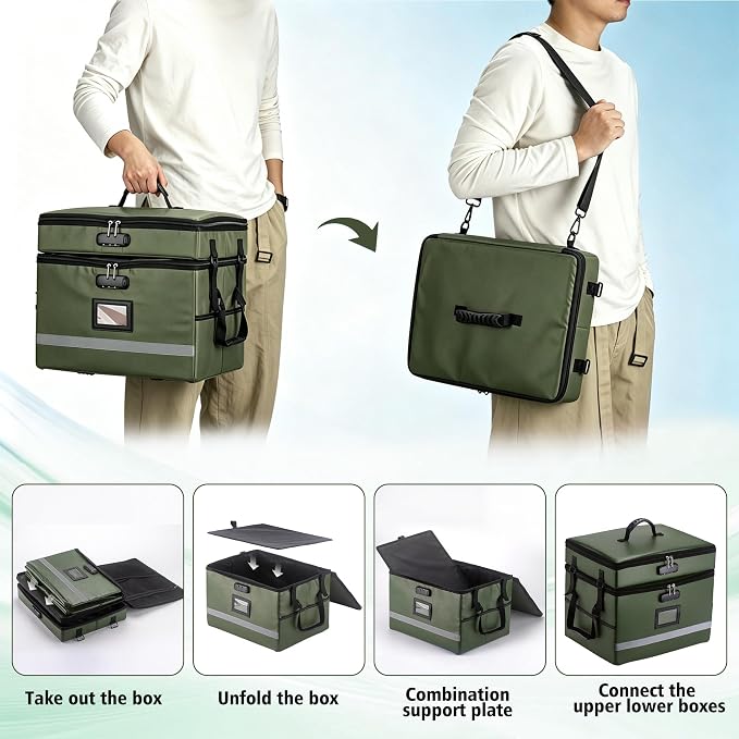 EXLIFBAG 2 Layer File Box with Lock, Portable Document Organizer Box with Handle, Fireproof File Box for Home Office, Legal File Organizer Storage