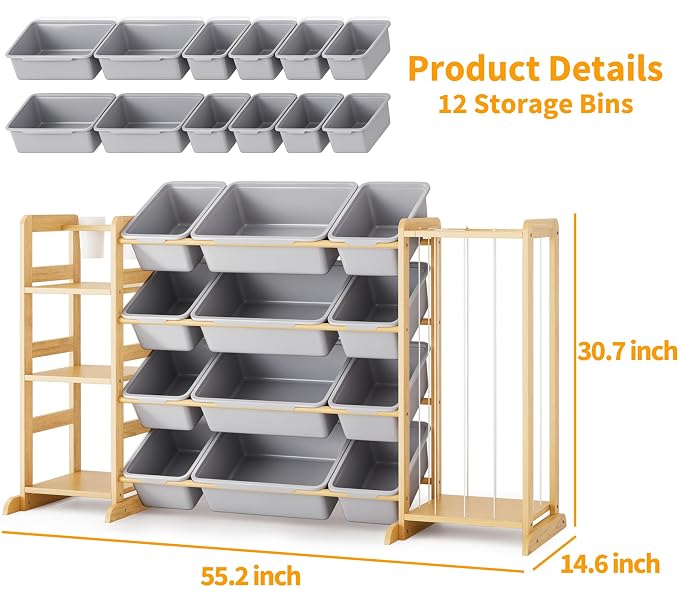 Toy Storage Organizer with Bookshelf and Stuffed Animal Storage - Kids Playroom Organization with Shelves and 12 Toy Bins - Toddler Living Room Toy Box for Lego - Nursery Bedroom Decor Essential
