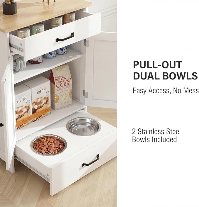 Elevated Stainless Dog Bowls,Feeding Station for Food Storage White Wood | LINLUX Pet Organizer Cabinet With Adjustable Shelf Sliding Drawer Hidden Feeder ,Toy Organization Container for Cats & Dogs