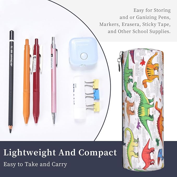 OSAM SPACE Leather Pencil Case Round Pencil Bag Dinosaurs in Various Pen Organizer Holder Portable Zipper Pouch Cute School Supplies for Girls Boys Study Office