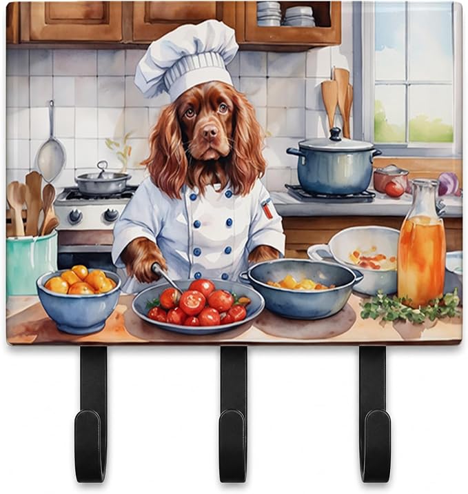 Caroline's Treasures Sussex Spaniel The Chef Leash or Key Holder Wall Hooks, Key Hooks Holder, Coat Rack Wall Mount, Coat Hooks, Hooks for Hanging Keys, Towels, Aprons, Leashes | Sussex Spaniel The Chef artwork on ceramic tile with three steel hooks fo...