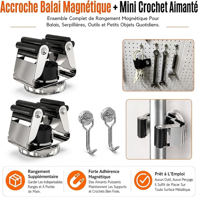 3-H 4 Pack Magnetic Broom Holder with 4 Pack Mini Magnetic Hooks,Silver | Stainless Steel No Drill Mop Holder, Movable Magnet Tool Organizer for Garage Laundry Kitchen Garden RV