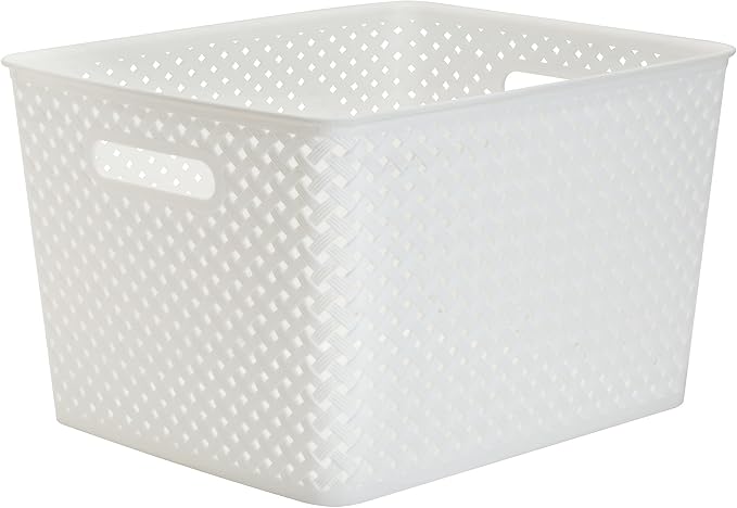 Simplify Large Resin Wicker Tote | Storage Bin | Plastic Organizer | Carrying Handles | Bathroom | Pantry | Accessories | Toys | White