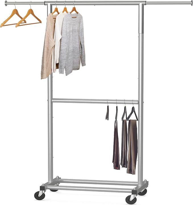 Simple Houseware Double Rod Adjustable Clothing Garment Rack, Grey | Extendable Width from 30 to 48 Inches