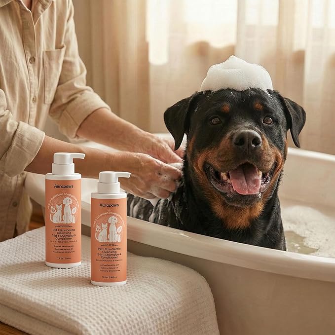2-in-1 Dog Shampoo & Conditioner, Probiotic Pet Shampoo for Puppies & All Breeds, Hypoallergenic Formula for Sensitive Skin with Panthenol, Papaya Coconut Scent, 17oz, 2-Pack