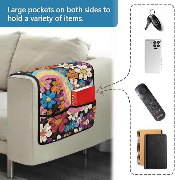 Hippie Floral Sofa Armrest Covers Non-Slip Arm Rest Covers Washable Couch Arm Cover with Organizer Pockets Dustproof Furniture Protector for Living Room Decoration