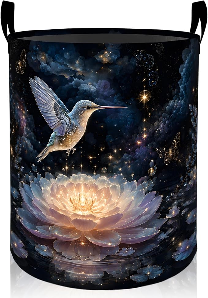 Bird Hummingbird Laundry Basket, Glowing Lotus Flower Oxford Cloth Dirty Clothes Collapsible Hamper for Room Decor, Nature Gifts, Toy Organizer 19.7 x 15.7 Inches for Bedroom Bathroom Dorm