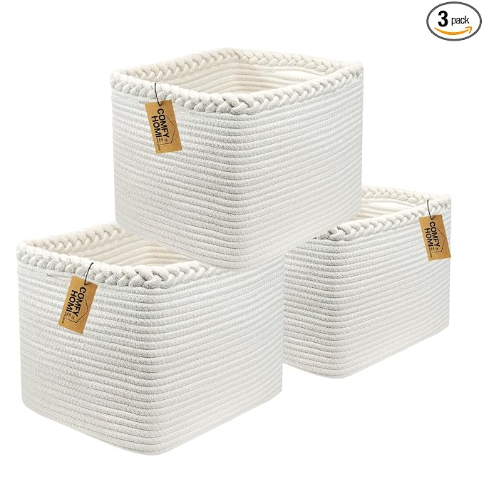 COMFY-HOMI 3PACK Cotton Rope Square Basket with Handles for Shelves| Storage|Baby Basket for GIF|Shoe Basket for Organizing|New13.5" x 11" x 9.5" for Living Room