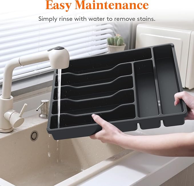 Lifewit Silverware Organizer with Lid, Covered Utensil Tray, 11.3x14.4 | Plastic Cutlery Storage Box for Kitchen Drawer and Countertop, Flatware Case Holder for Spoons Forks Knives, Black