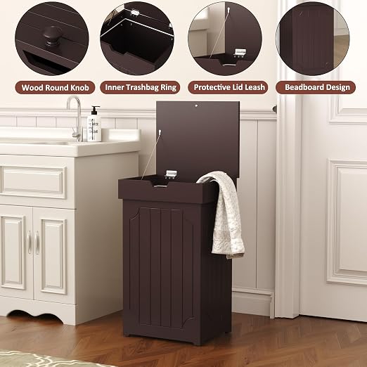 Function Home Trash Can Cabinet, 13 Gallon Kitchen Garbage Can, Wood Recycling Trash Bin, Freestanding Dog Proof Trash Can, Farmhouse Trash Cabinet with Lid for Home Kitchen Bathroom, Coffee