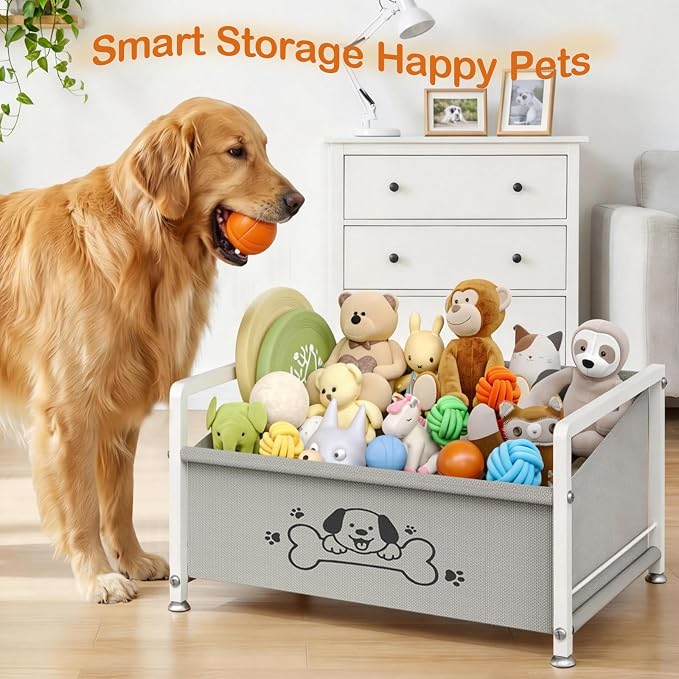 Dog Toy Box for Storage, Metal Frame Oxford Fabric Pet Toy Organizer with Raised Legs, Large Capacity Dog Toy Basket with Front Low Opening, Washable and Durable Design