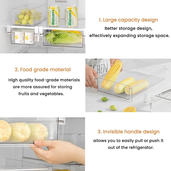 vacane Deeper Refrigerator Drawers, Adjustable Refrigerator Shelf 14-19.5 Inches Large Fridge Drawer Organizer Pull Out, Deli Meat Container for Produce, Cheese, Bacon-XL