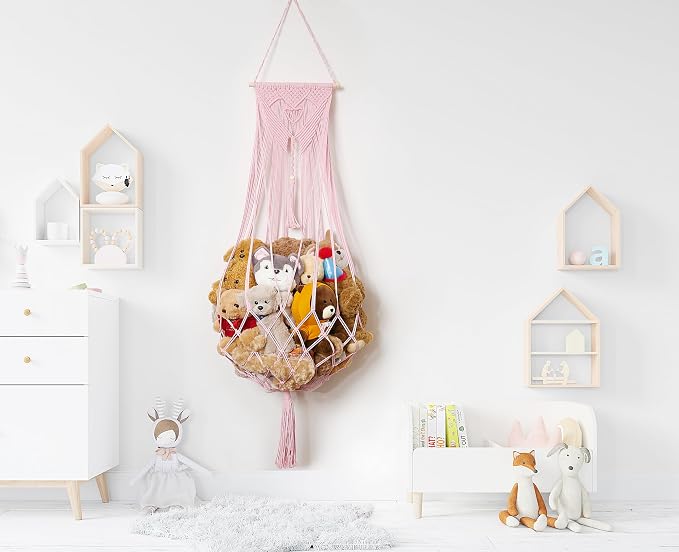 Amdermi Stuffed Animal Net or Hammock Corner or Wall Hanging Net for Plush Toy Storage Boho Macrame Toy Display Nursery Bedroom Decor Stuffy Animal Toy Organizer (Pink)