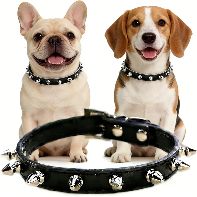Enjoying Spiky Dog Collar, Spiked Dog Collar for Medium Dogs, Anti-Bite Studded Protective Pet Neck, Faux Leather Spiky Collar with Metal Rings for Hold Pet Tags/Leash, Adjustable, Black, M
