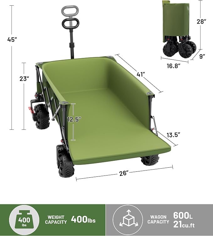 TIMBER RIDGE 600L Beast Wagon 26" W Extra Wide All Terrain Folding w/Big Wheels, Cargo Net & Tailgate, 400lbs Heavy Duty Portable Cart 54.5" L Large Collapsible Wagons for Camping, Sports, Dogs, Green