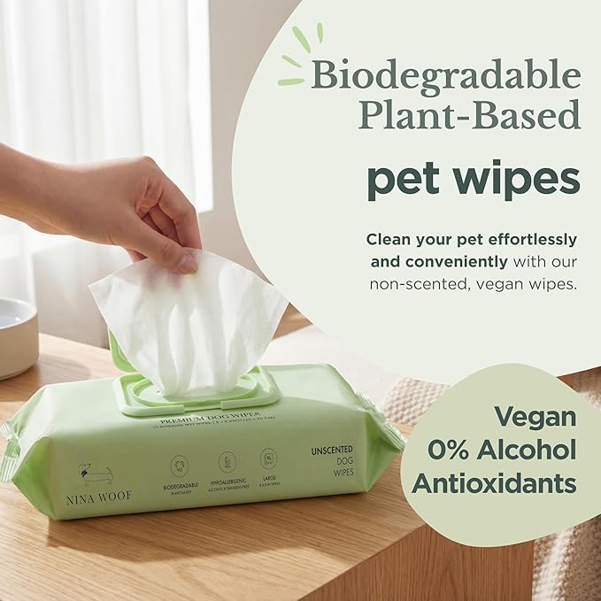 Nina Woof Dog Wipes – Fragrance-Free, Alcohol-Free, Hypoallergenic Pet Grooming Wipes with Aloe Vera, Biodegradable, for Dogs & Cats: Paws, Face, Ears & Butt – 2-Pack (140 Count)