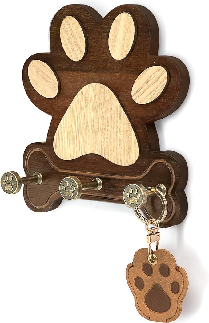 MTERSN Acacia Wood Dog Leash Holder for Wall with 3 Key Hooks, Dark Brown | Acacia Wood, Unique Dog Paw Shape, 3D Wall Hooks for Sunglasses, Cute Dog-Themed Key Rack, Wall Organizer for Home Decor