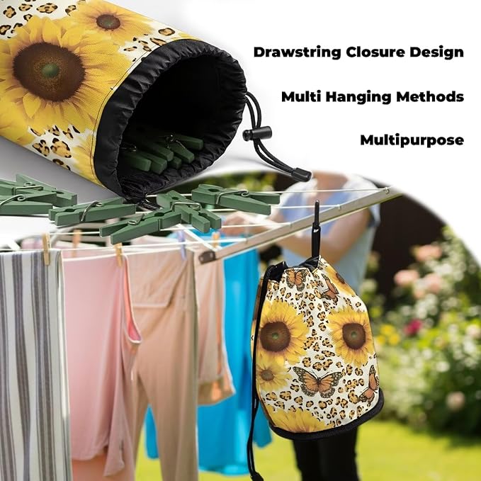 Clothespin Storage Bag with Hooks & Drawstring Closure Dragonfly Star Moon Space Saving Organizer for Clothes Pins, Hangs on Clothesline/Drying Rack
