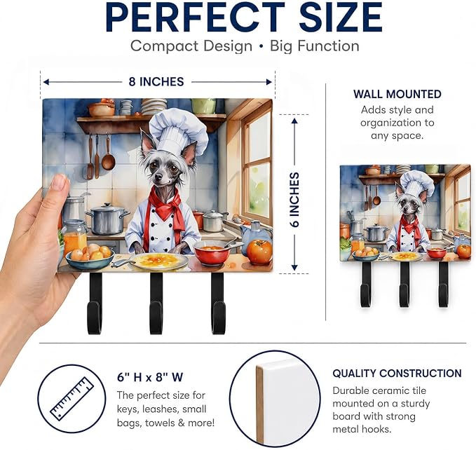 Caroline's Treasures Chinese Crested The Chef Leash or Key Holder Wall Hooks, Key Hooks Holder, Coat Rack Wall Mount, Coat Hooks, Hooks for Hanging Keys, Towels, Aprons, Leashes | Chinese Crested The Chef artwork on ceramic tile with three steel hooks ...