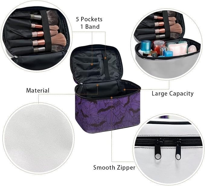 Purple Makeup Bag for Women Large Capacity Travel Makeup Bag with Handle Spider Web Bat Print Toiletry Bags for Travel Holiday Halloween Party