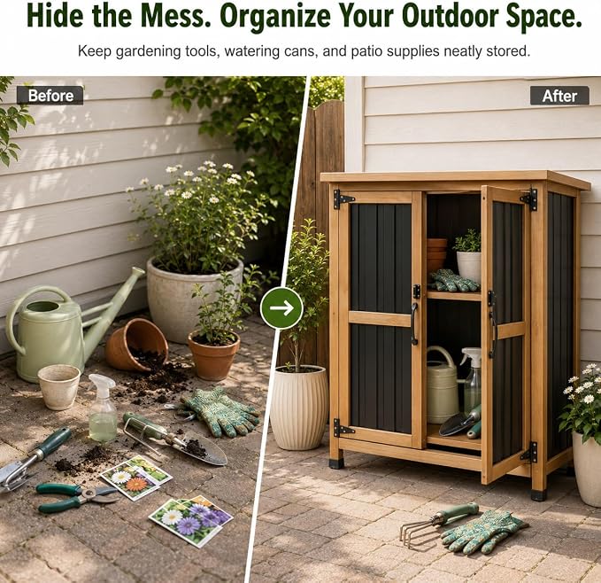 Ketive Outdoor Storage Cabinet, Wood & Metal Small Garden Tool Storage Cabinet with Weather-Resistant Asphalt Roof, Double Lockable Doors & Removable Shelves for Porch, Patio, Garden, Backyard