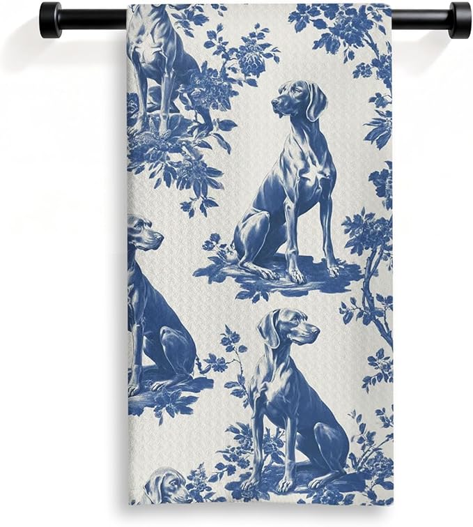 Weimaraner Kitchen Dish Towels,Blue and White Floral Dog Towel Dish Tea Towels, Chinoiserie Decor for Kitchen Bathroom,Weimaraner Gifts for Dog Lover Mom Dad,16x24 Inch