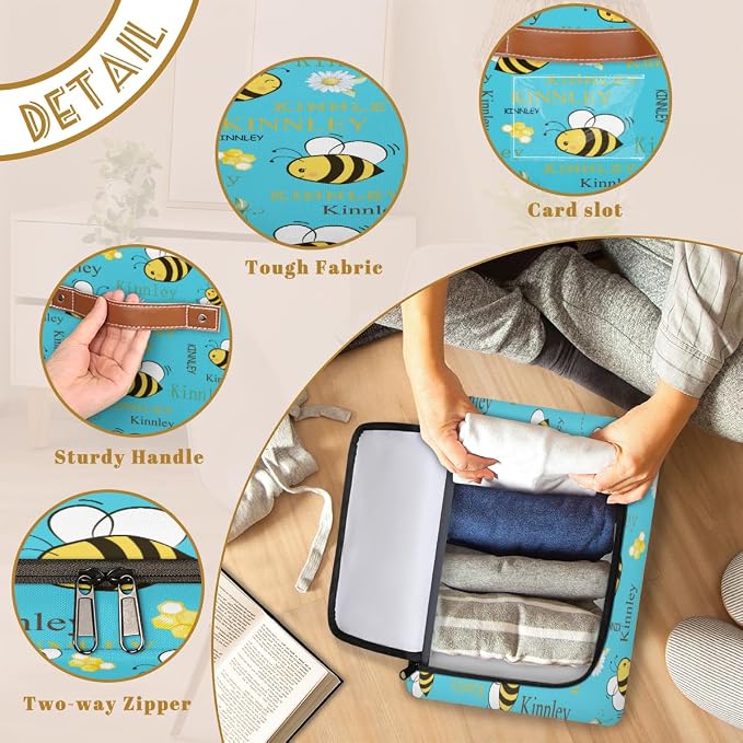 Personalized Storage Basket with Name, Cartoon Bee with Daisy Rectangle Toys Storage Bin with Zipper Lid for Baby, Boys, Girls, Collapsible Basket for Clothes, Books, Aqua Blue Background