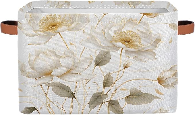 Rectangular Storage Basket White Flower Decorative Storage Bins Boxes Collapsible Cubes Organizer with PU Leather Handles for Home Organization