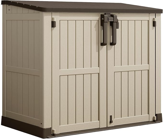 LHBcraft Waterproof Outdoor Storage Box 36 Cu Ft with Lockable Doors,Portable Outdoor Storage Shed,Horizontal Outdoor Storage Cabinet for Garden,Brown-Beige