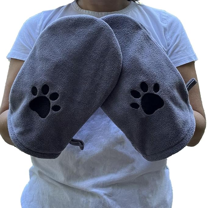 Penny & Niko Microfiber Pet Towel Mitts - Paw Cleaning and Drying Mitts/Gloves for Dogs and Cats (Gray, Large - 2 Pack)