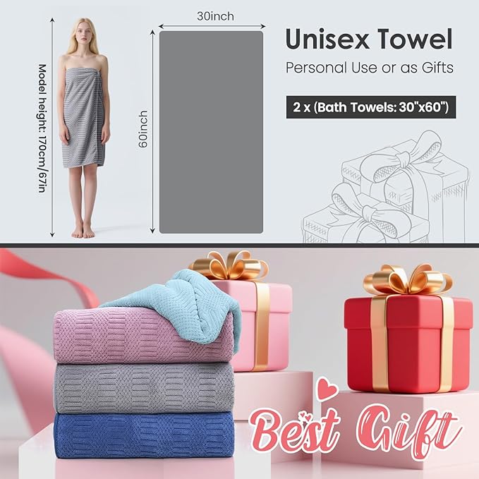 JML Bath Towels Set of 2, 30" x 60", Large Microfier Body Towel for Adult, Oversized, Soft, Super Absorbent, Fast Drying, Use for Sauna, Salon, Gym,Sport, Fitness, Yoga, Diamond Cross Grid Gray