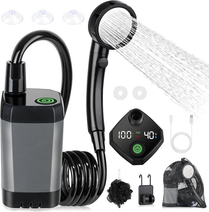Portable Shower for Camping, [Long-Lasting] 6000mAh Rechargeable | Camping Shower with Intelligent LED Display, 4 Spray Modes, IPX7 Waterproof Outdoor Camp Pump for Hiking, Travel, Car, Pet