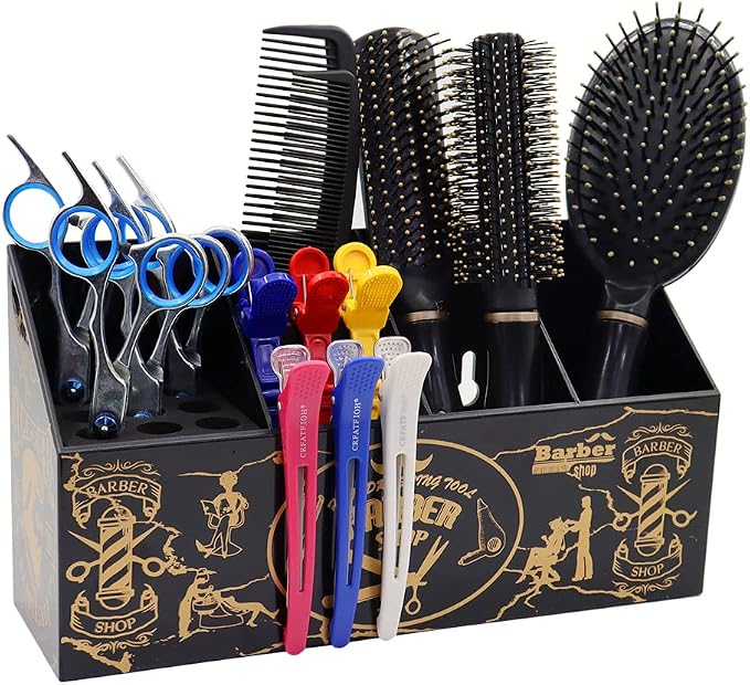 Barber Scissor Shear Holder Box, Hair Salon Supplies Acessories Tool Station Desk Organizer Case, Combs Clips Scissors Stand Storage for Stylist Groomers Hairdressers (L-Black)