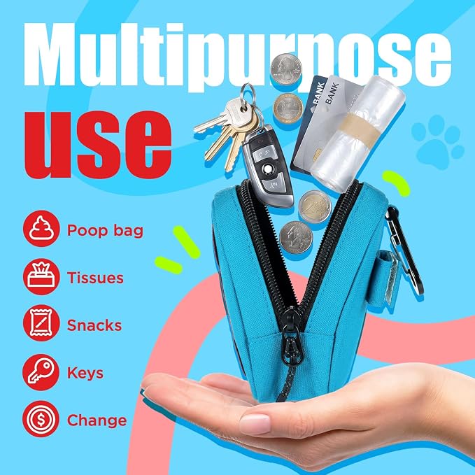 Dog Poop Bag Holder for Various Leashes,Hands Free Dogs Bag Holder with Hook loop/Carabiner Clip,Dogs Poop Bags Rolls Holder-Large Capacity,Dog Walking,Blue