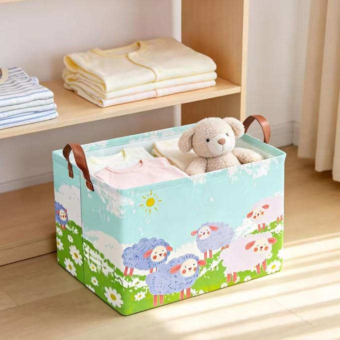 NTAOHAMPER Rectangular Storage Basket Empty,Storage Bin with Handles,Room Decor,Gift Basket,Book Box(Cute Sheep)